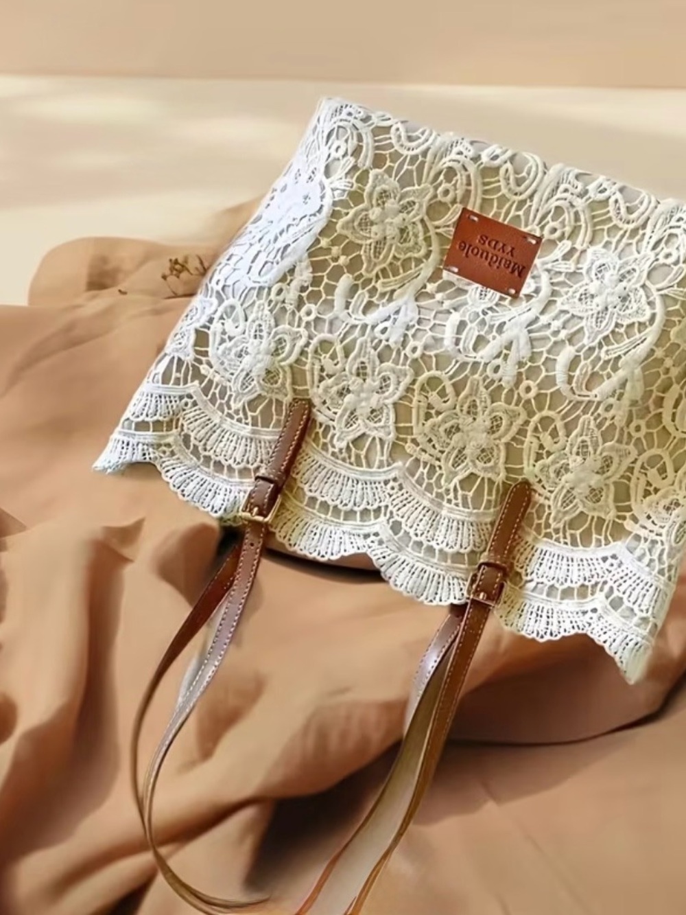 Handwoven Lace Tote Bag with Brown Straps - Unbranded